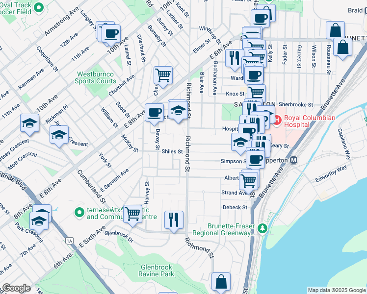 map of restaurants, bars, coffee shops, grocery stores, and more near 305 Richmond Street in New Westminster
