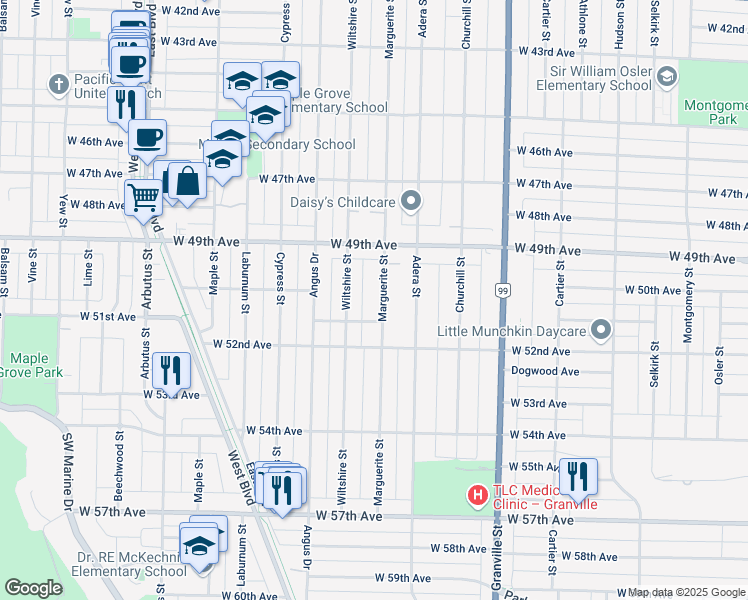 map of restaurants, bars, coffee shops, grocery stores, and more near 6655 Marguerite Street in Vancouver