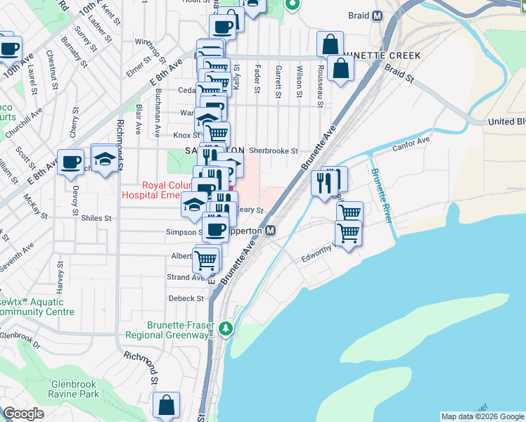 map of restaurants, bars, coffee shops, grocery stores, and more near 203 Keary Street in New Westminster