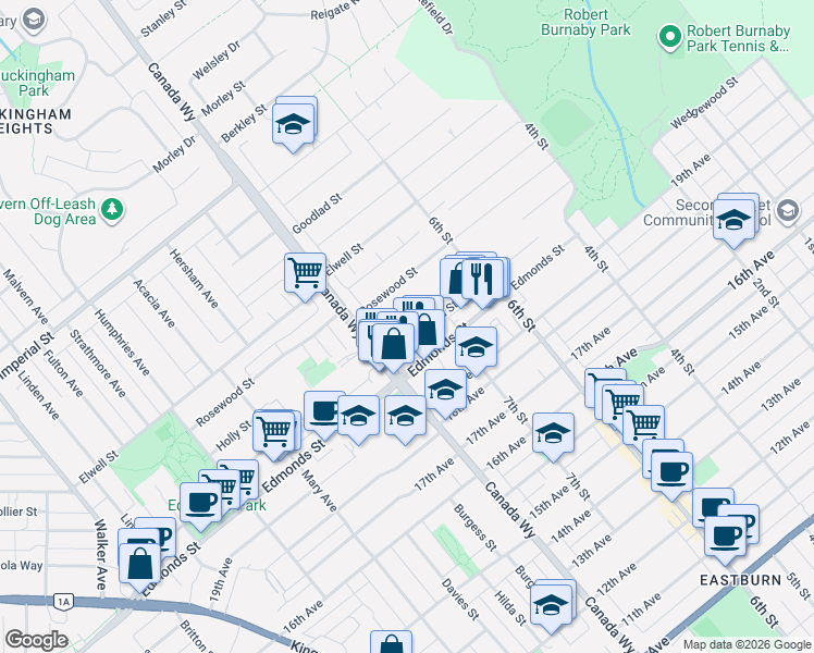 map of restaurants, bars, coffee shops, grocery stores, and more near 7759 Wedgewood Street in Burnaby