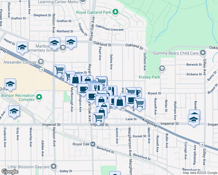 map of restaurants, bars, coffee shops, grocery stores, and more near 6469 Selma Avenue in Burnaby