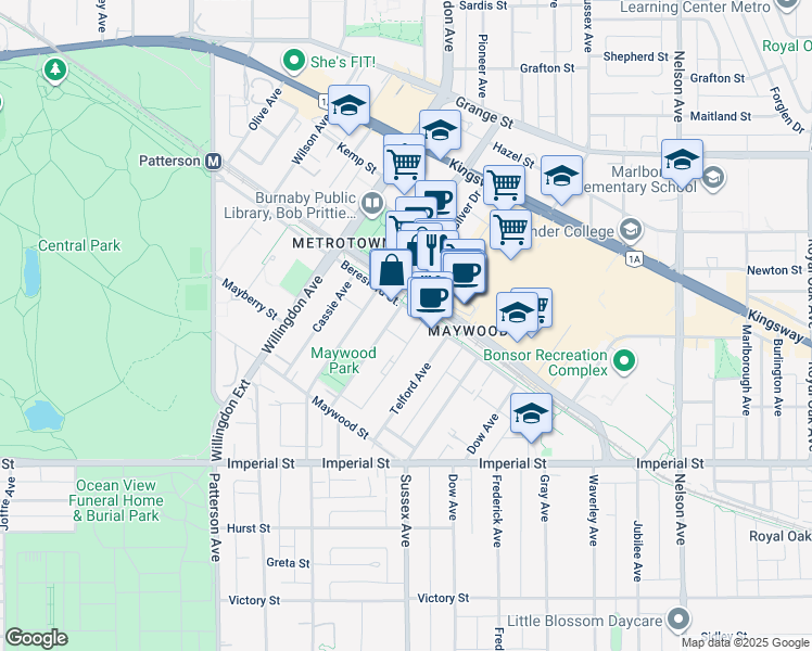 map of restaurants, bars, coffee shops, grocery stores, and more near in Burnaby