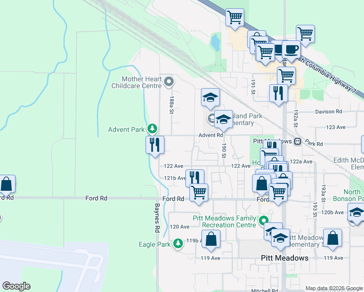map of restaurants, bars, coffee shops, grocery stores, and more near 18861 122B Avenue in Pitt Meadows