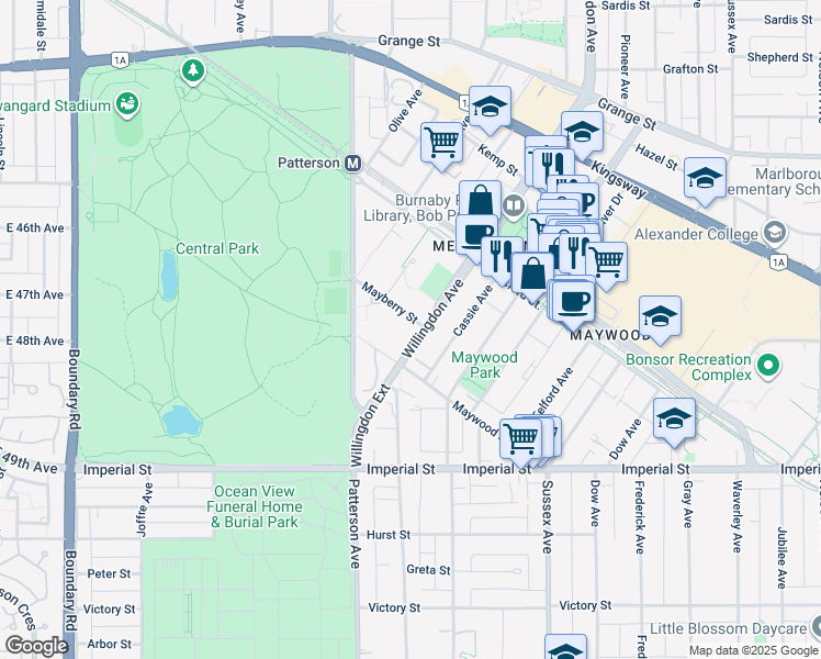 map of restaurants, bars, coffee shops, grocery stores, and more near in Burnaby