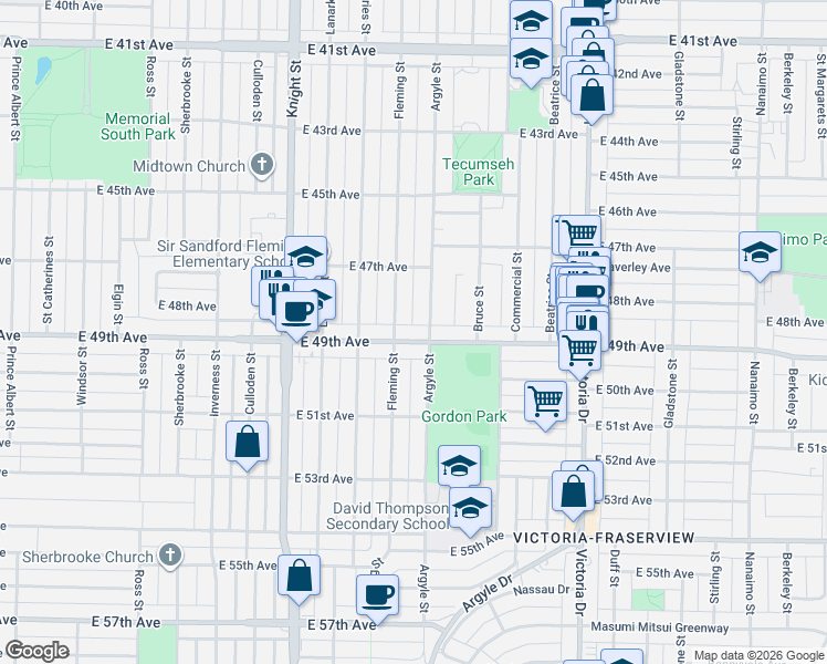 map of restaurants, bars, coffee shops, grocery stores, and more near in Vancouver