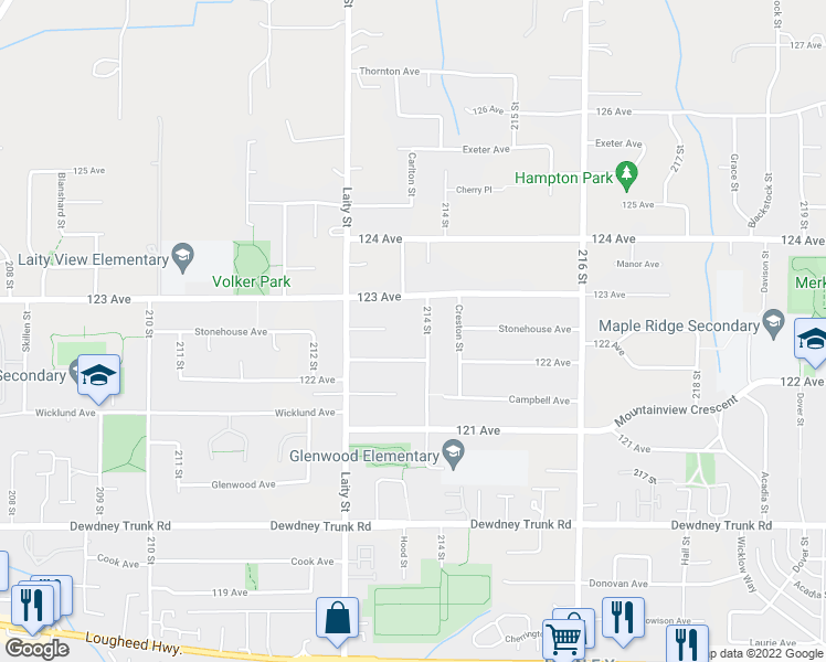 map of restaurants, bars, coffee shops, grocery stores, and more near 12267 214 Street in Maple Ridge
