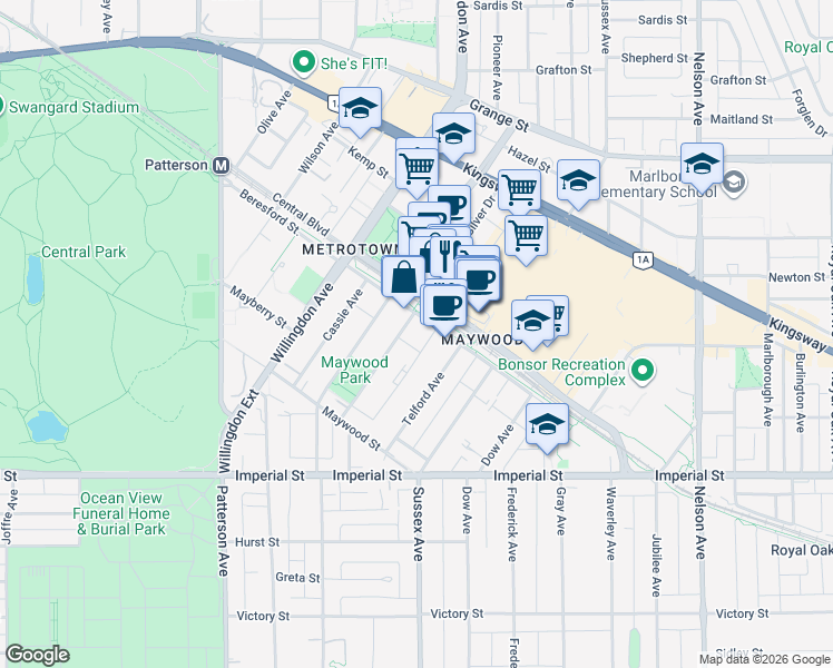 map of restaurants, bars, coffee shops, grocery stores, and more near 6380 Silver Avenue in Burnaby