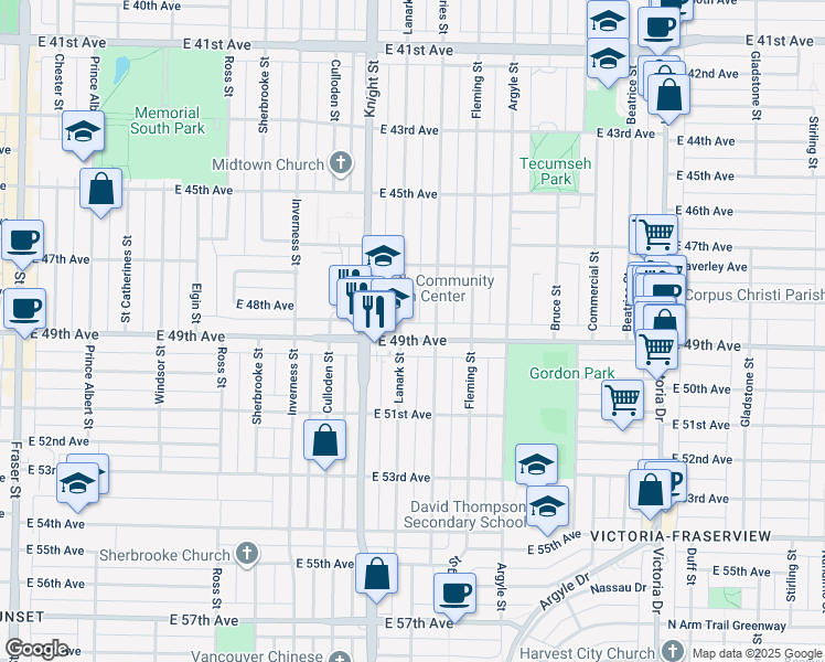 map of restaurants, bars, coffee shops, grocery stores, and more near 1465 East 49th Avenue in Vancouver