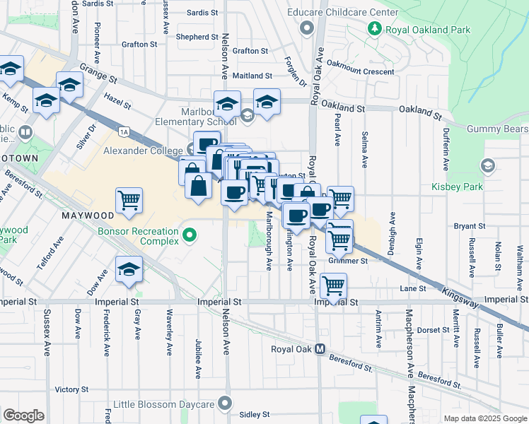 map of restaurants, bars, coffee shops, grocery stores, and more near 5050 Kingsway in Burnaby