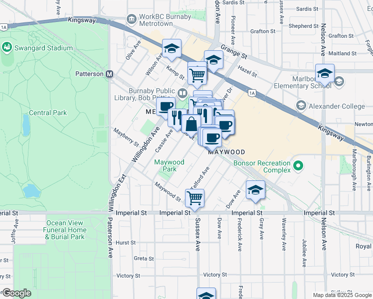 map of restaurants, bars, coffee shops, grocery stores, and more near 6387 Silver Avenue in Burnaby