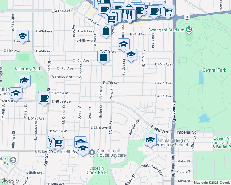map of restaurants, bars, coffee shops, grocery stores, and more near in Vancouver
