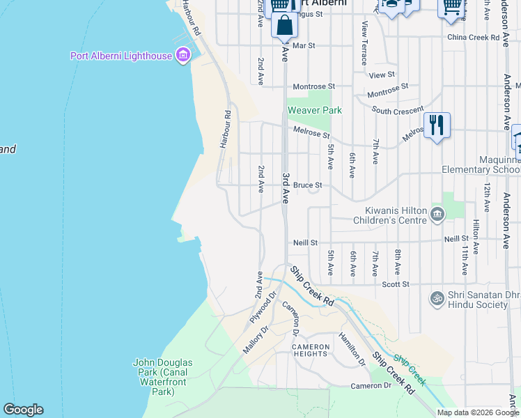 map of restaurants, bars, coffee shops, grocery stores, and more near South Street in Port Alberni