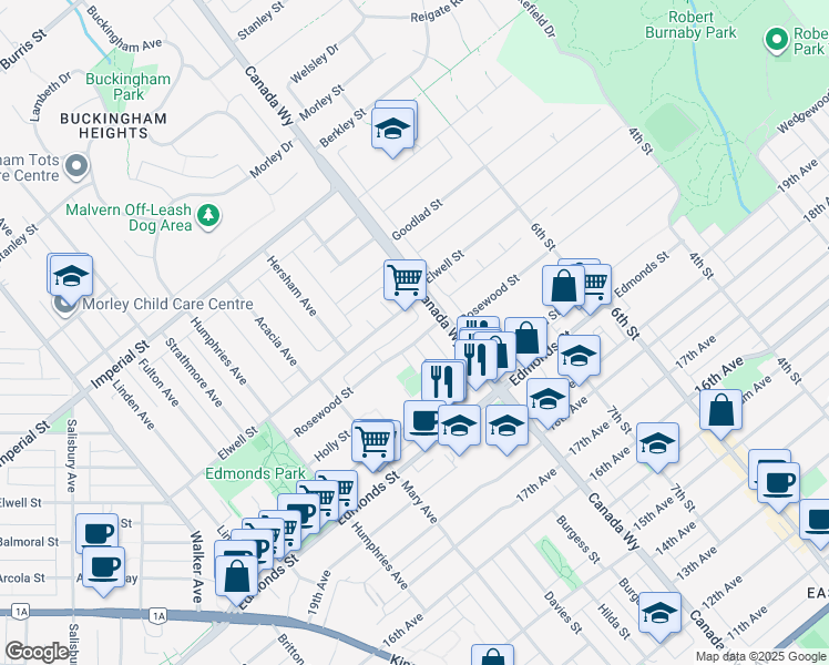 map of restaurants, bars, coffee shops, grocery stores, and more near 7667 Rosewood Street in Burnaby