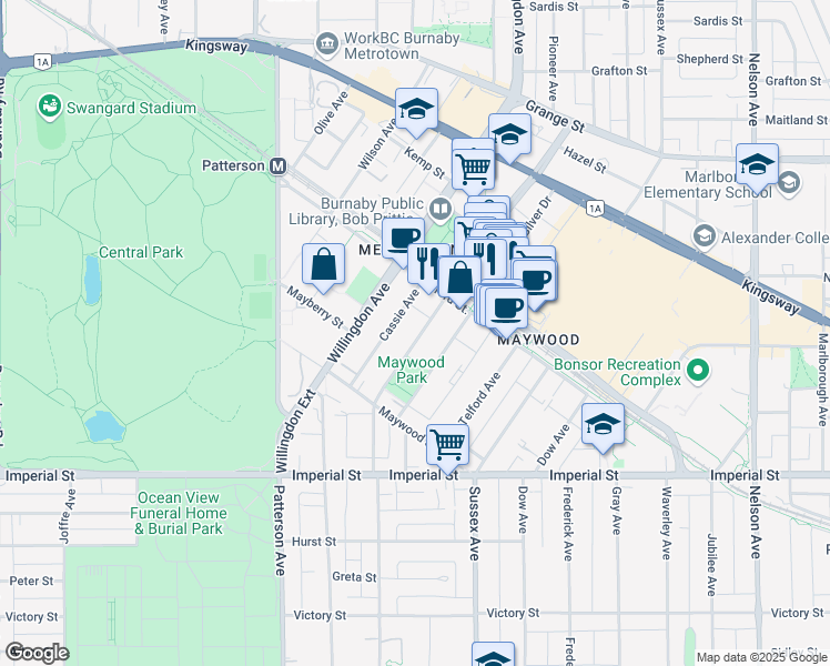 map of restaurants, bars, coffee shops, grocery stores, and more near 6397 McKay Avenue in Burnaby