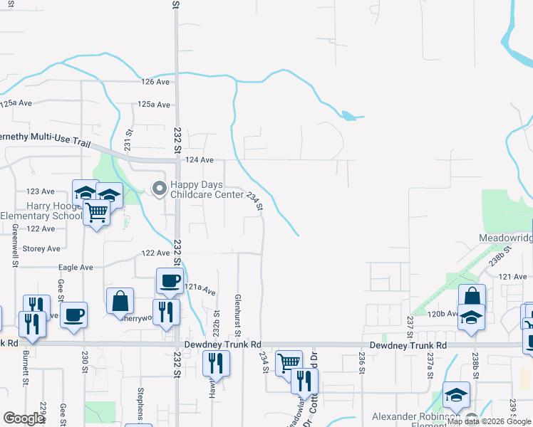 map of restaurants, bars, coffee shops, grocery stores, and more near 12314 234 Street in Maple Ridge