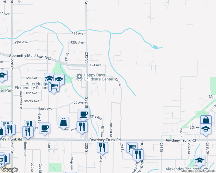 map of restaurants, bars, coffee shops, grocery stores, and more near 12288 233 Street in Maple Ridge