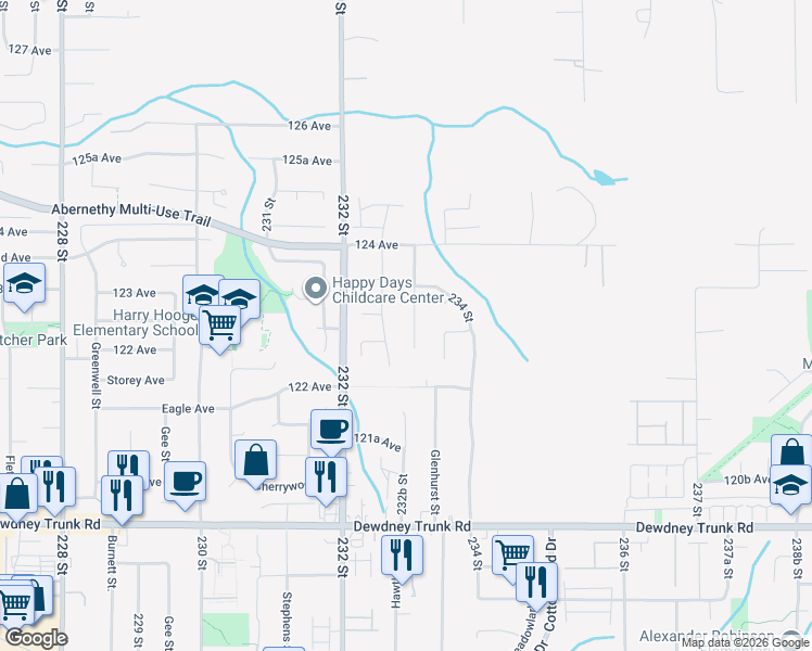 map of restaurants, bars, coffee shops, grocery stores, and more near 12285 233 Street in Maple Ridge