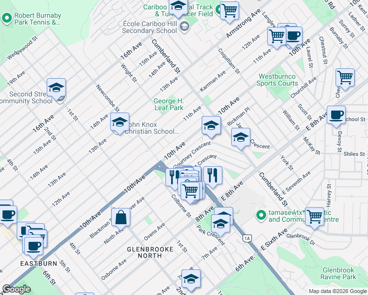 map of restaurants, bars, coffee shops, grocery stores, and more near 50 East 10th Avenue in New Westminster
