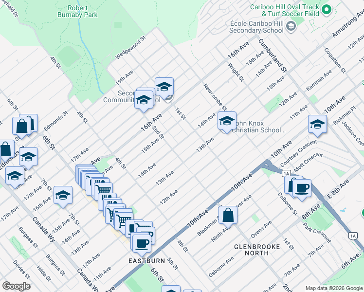 map of restaurants, bars, coffee shops, grocery stores, and more near 8134 14th Avenue in Burnaby