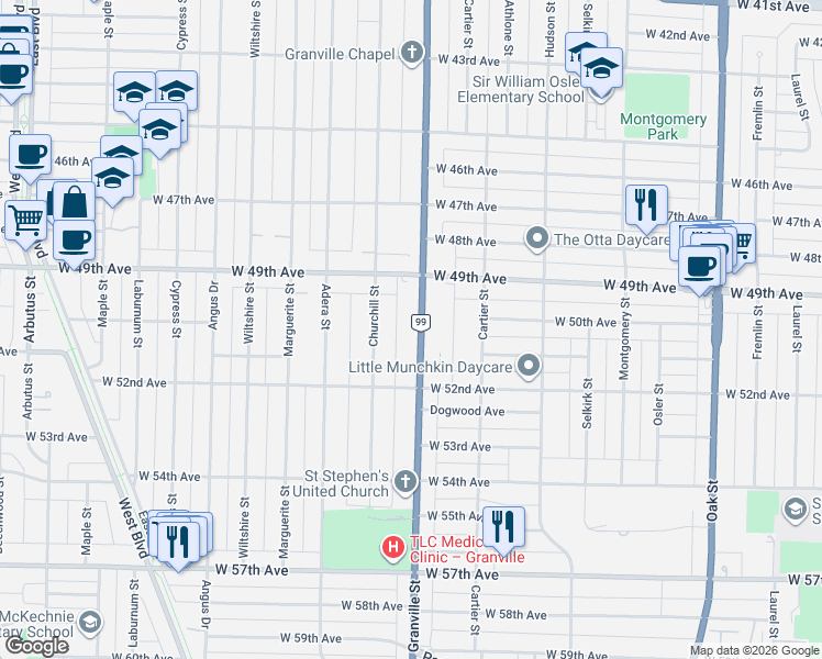 map of restaurants, bars, coffee shops, grocery stores, and more near 6649 Granville Street in Vancouver