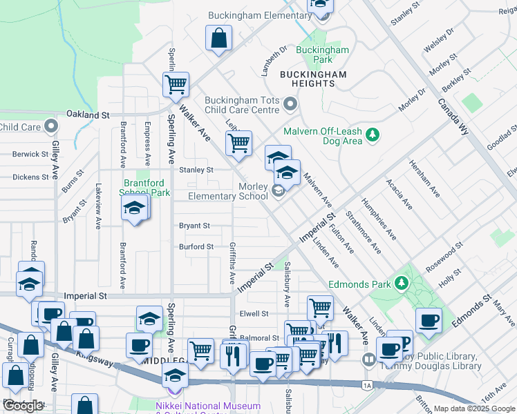 map of restaurants, bars, coffee shops, grocery stores, and more near 6465 Walker Avenue in Burnaby