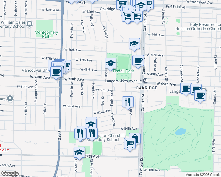map of restaurants, bars, coffee shops, grocery stores, and more near 6575 Tisdall Street in Vancouver