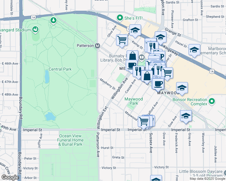 map of restaurants, bars, coffee shops, grocery stores, and more near 6455 Willingdon Avenue in Burnaby