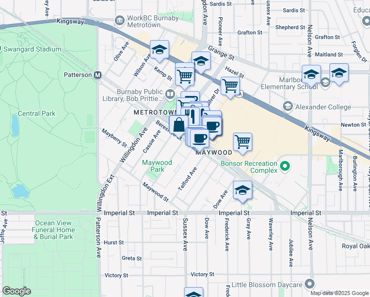 map of restaurants, bars, coffee shops, grocery stores, and more near in Burnaby