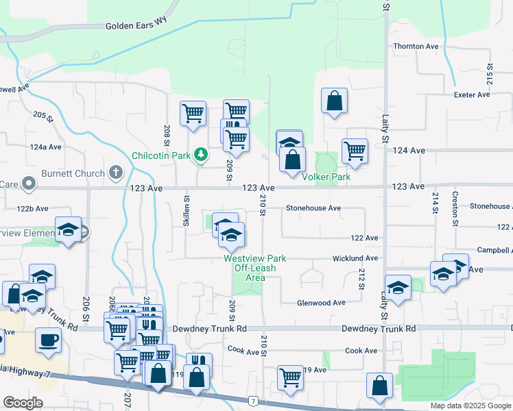map of restaurants, bars, coffee shops, grocery stores, and more near 12265 210 Street in Maple Ridge