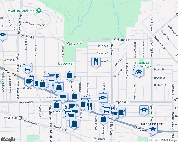 map of restaurants, bars, coffee shops, grocery stores, and more near 6436 Waltham Avenue in Burnaby
