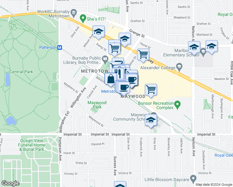 map of restaurants, bars, coffee shops, grocery stores, and more near in Burnaby