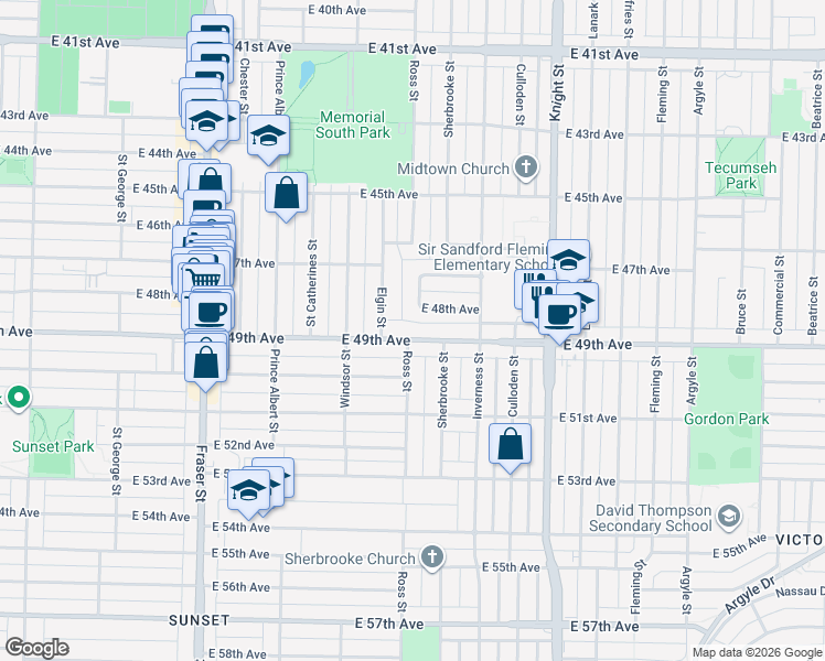 map of restaurants, bars, coffee shops, grocery stores, and more near 1127 East 49th Avenue in Vancouver