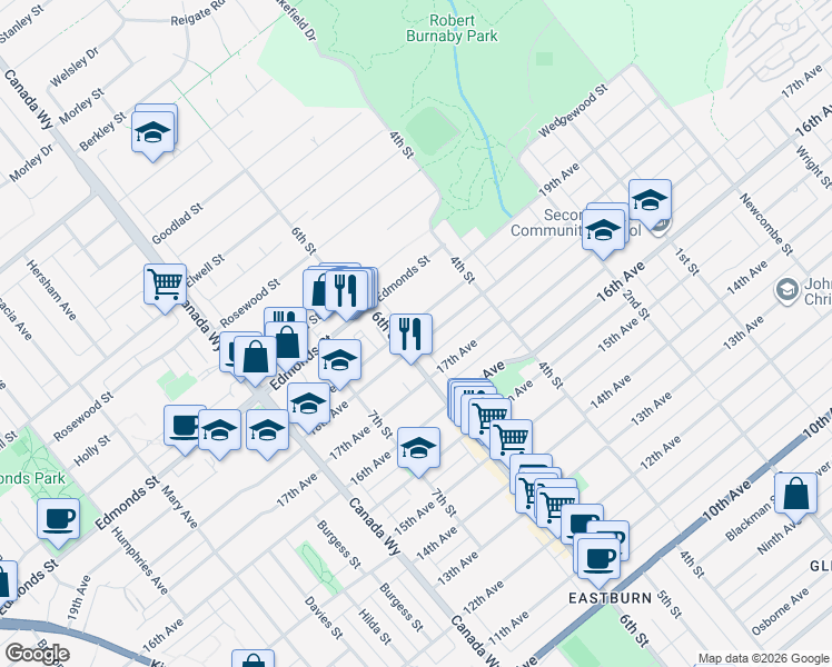 map of restaurants, bars, coffee shops, grocery stores, and more near 7917 18th Avenue in Burnaby