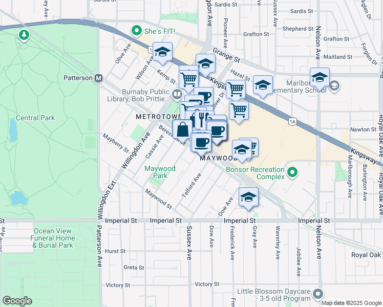 map of restaurants, bars, coffee shops, grocery stores, and more near in Burnaby