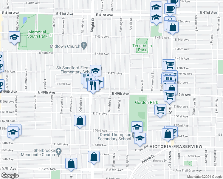 map of restaurants, bars, coffee shops, grocery stores, and more near 6490 Dumfries Street in Vancouver