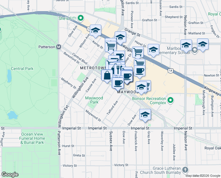 map of restaurants, bars, coffee shops, grocery stores, and more near 6378 Silver Avenue in Burnaby
