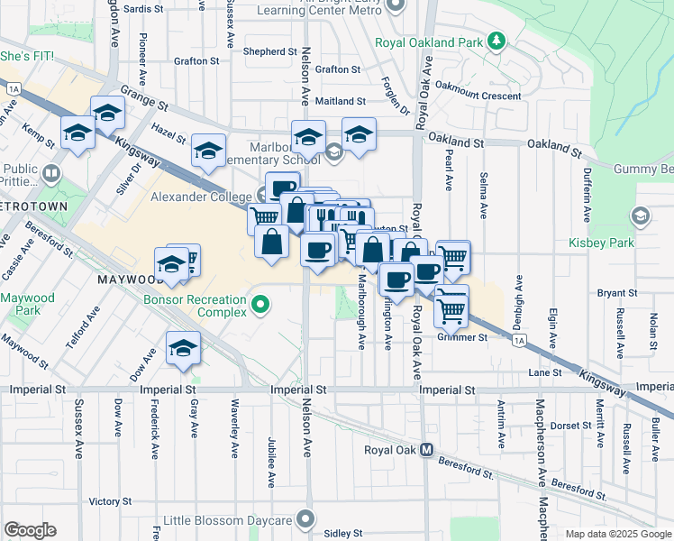 map of restaurants, bars, coffee shops, grocery stores, and more near 4982 Kingsway in Burnaby