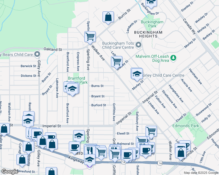 map of restaurants, bars, coffee shops, grocery stores, and more near 6878 Burns Street in Burnaby