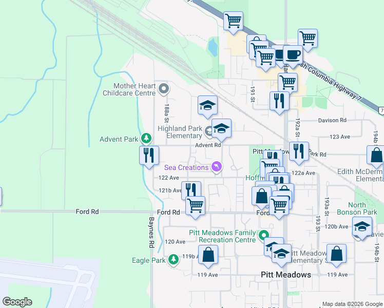 map of restaurants, bars, coffee shops, grocery stores, and more near 12276 189A Street in Pitt Meadows