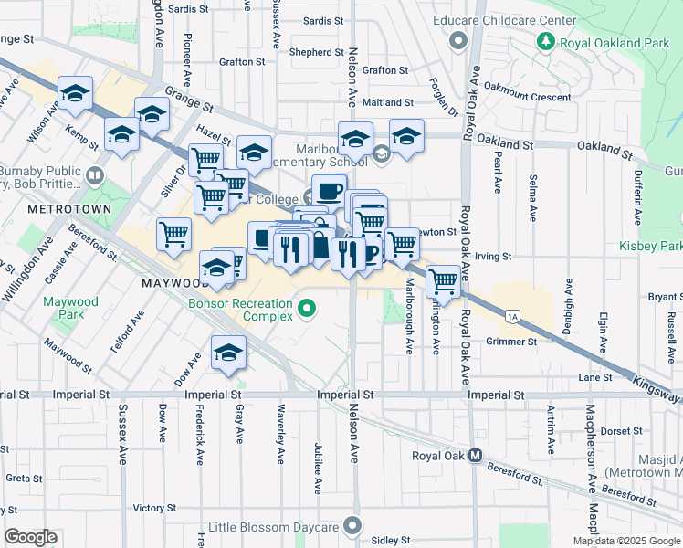 map of restaurants, bars, coffee shops, grocery stores, and more near 6411 Nelson Avenue in Burnaby