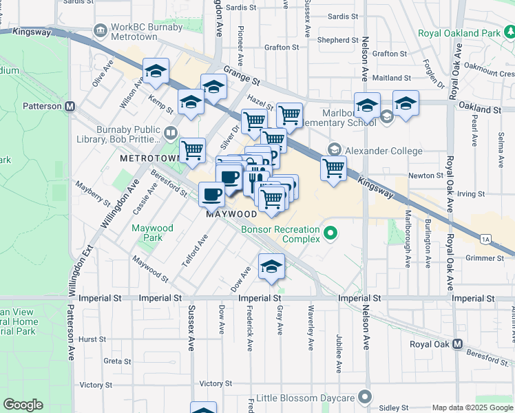 map of restaurants, bars, coffee shops, grocery stores, and more near 4720 Kingsway in Burnaby