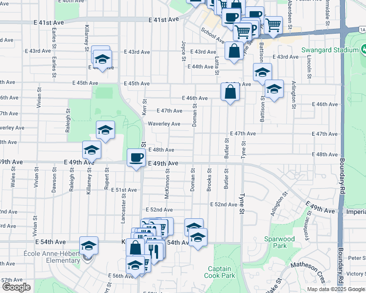map of restaurants, bars, coffee shops, grocery stores, and more near 3245 East 48th Avenue in Vancouver