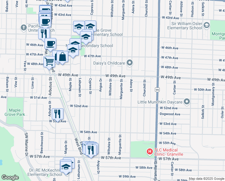 map of restaurants, bars, coffee shops, grocery stores, and more near 6616 Wiltshire Street in Vancouver