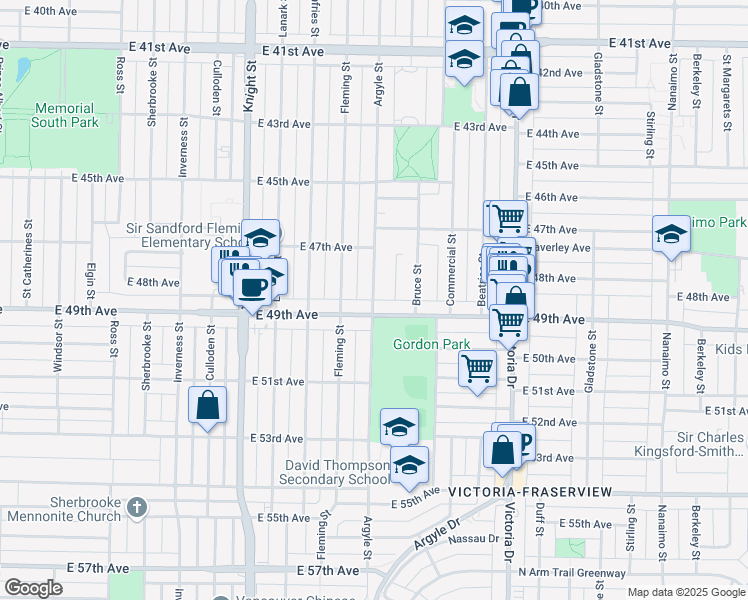 map of restaurants, bars, coffee shops, grocery stores, and more near Argyle Street in Vancouver