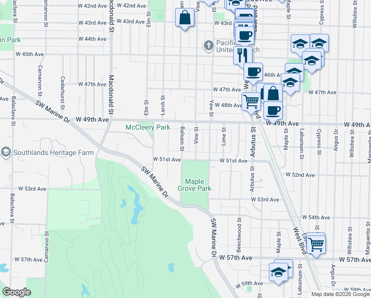 map of restaurants, bars, coffee shops, grocery stores, and more near 6664 Balsam Street in Vancouver