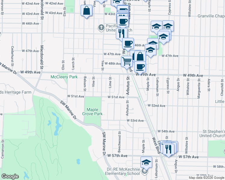 map of restaurants, bars, coffee shops, grocery stores, and more near 6650 Lime Street in Vancouver