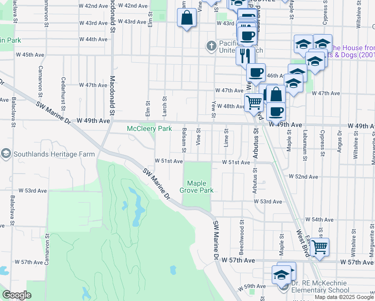 map of restaurants, bars, coffee shops, grocery stores, and more near 6664 Balsam Street in Vancouver