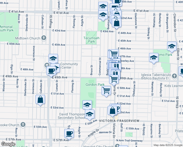 map of restaurants, bars, coffee shops, grocery stores, and more near 6477 Bruce Street in Vancouver