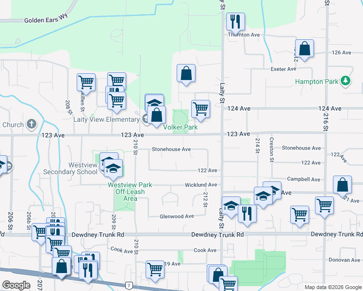 map of restaurants, bars, coffee shops, grocery stores, and more near 21149 Stonehouse Avenue in Maple Ridge