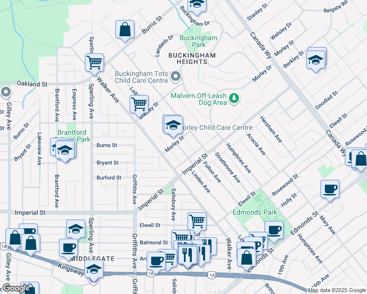map of restaurants, bars, coffee shops, grocery stores, and more near 6530 Leibly Avenue in Burnaby
